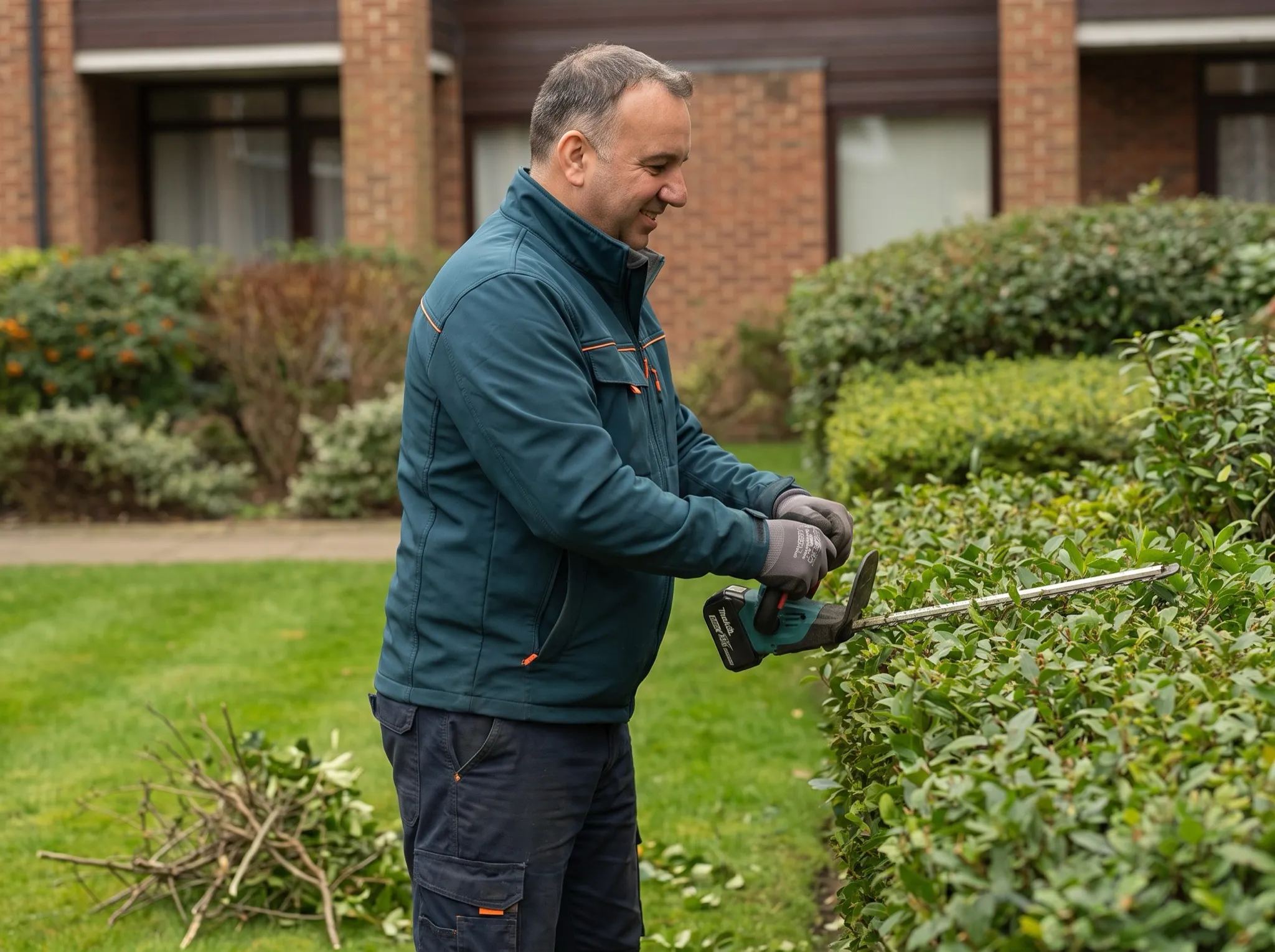 Elvis Agovic schneidet an einer Wohnanlage eine Hecke